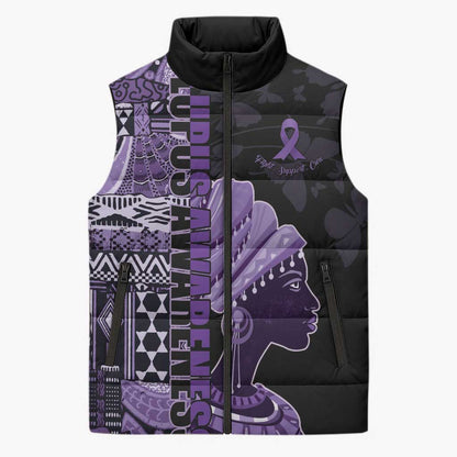 Personalized African Lady Lupus Awareness Sleeveless Puffer Jacket Fight Support Cure