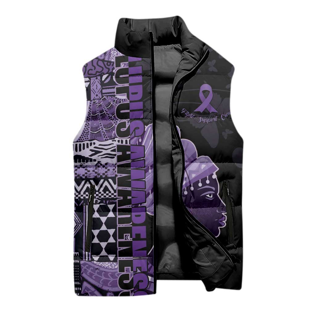 Personalized African Lady Lupus Awareness Sleeveless Puffer Jacket Fight Support Cure