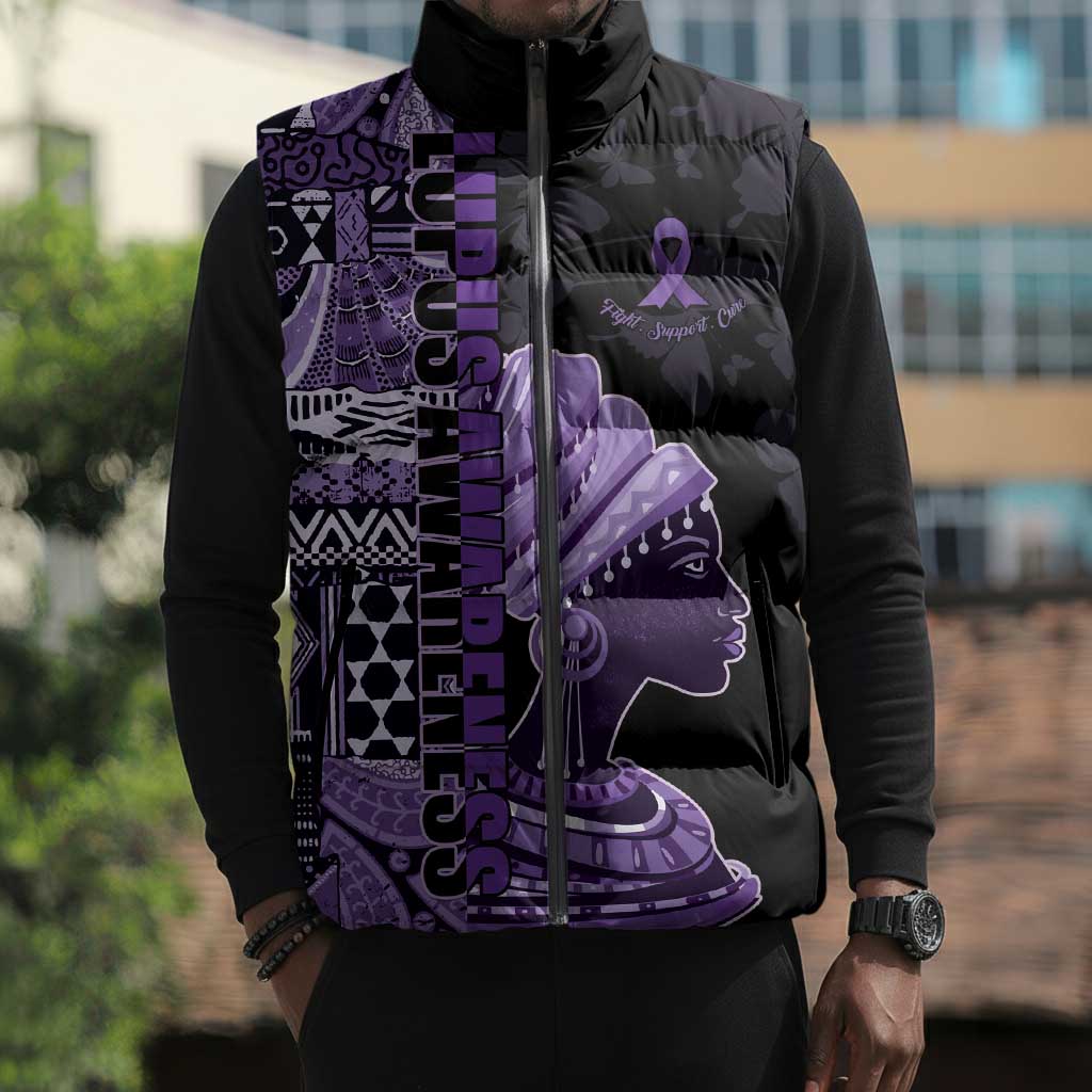 Personalized African Lady Lupus Awareness Sleeveless Puffer Jacket Fight Support Cure
