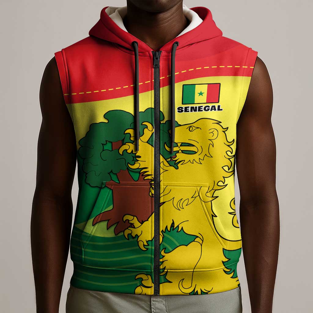 Custom Senegal Sleeveless Zip Hoodie with Bahamian Lion and Baobab Flag Style - African Pride