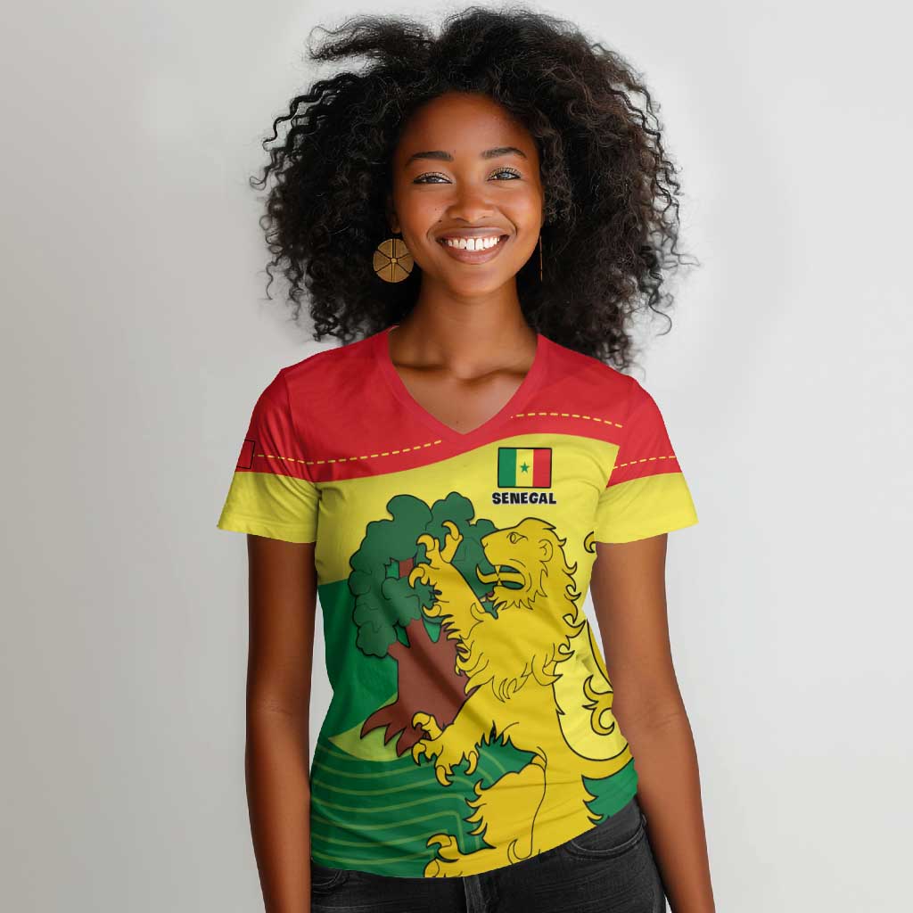 Custom Senegal Women V-Neck T-Shirt with Bahamian Lion and Baobab Flag Style