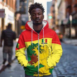 Custom Senegal Zip Hoodie with Bahamian Lion and Baobab Flag Style