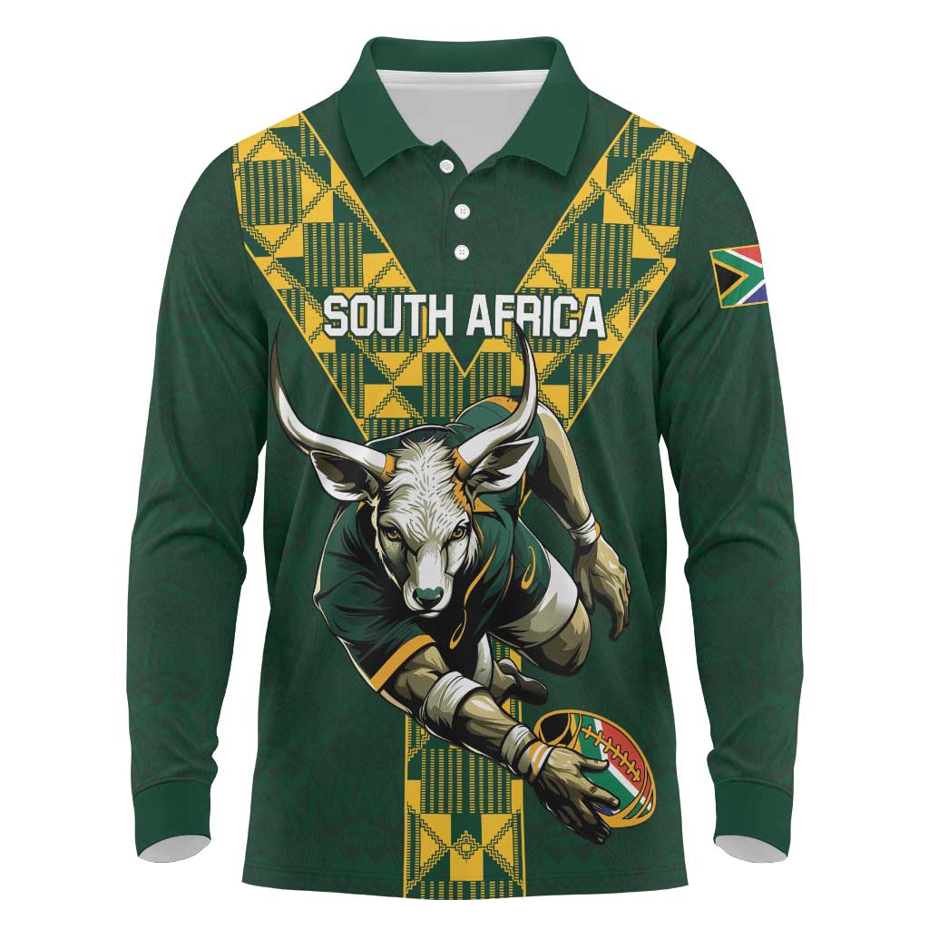 Custom South Africa 2024 Rugby Long Sleeve Polo Shirt Go Springboks Protea Pattern