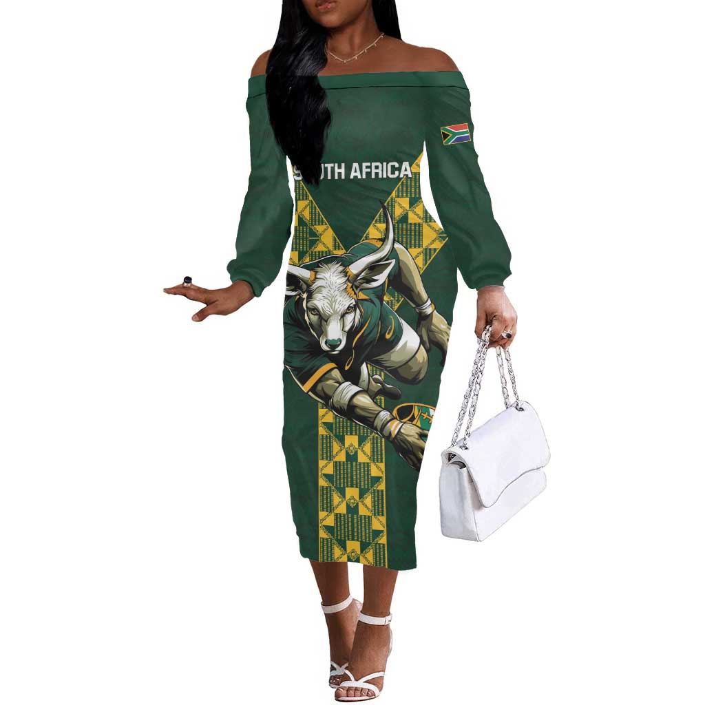 Custom South Africa 2024 Rugby Off The Shoulder Long Sleeve Dress Go Springboks Protea Pattern