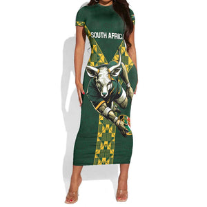 Custom South Africa 2024 Rugby Short Sleeve Bodycon Dress Go Springboks Protea Pattern