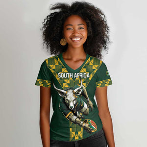 Custom South Africa 2024 Rugby Women V-Neck T-Shirt Go Springboks Protea Pattern