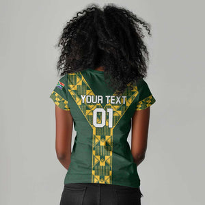 Custom South Africa 2024 Rugby Women V-Neck T-Shirt Go Springboks Protea Pattern