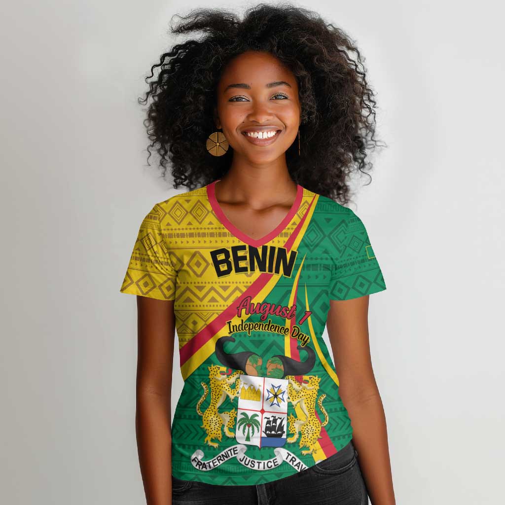 Personalized Benin Independence Day 1960 Women V-Neck T-Shirt Fraternite Justice Travail