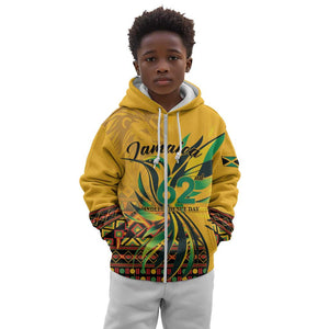 Personalized Black Jamaican Independence Day 1962 Kid Hoodie Jumieka Streamertail Reggae Pattern