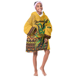 Personalized Black Jamaican Independence Day 1962 KId Wearable Blanket Hoodie Jumieka Streamertail Reggae Pattern