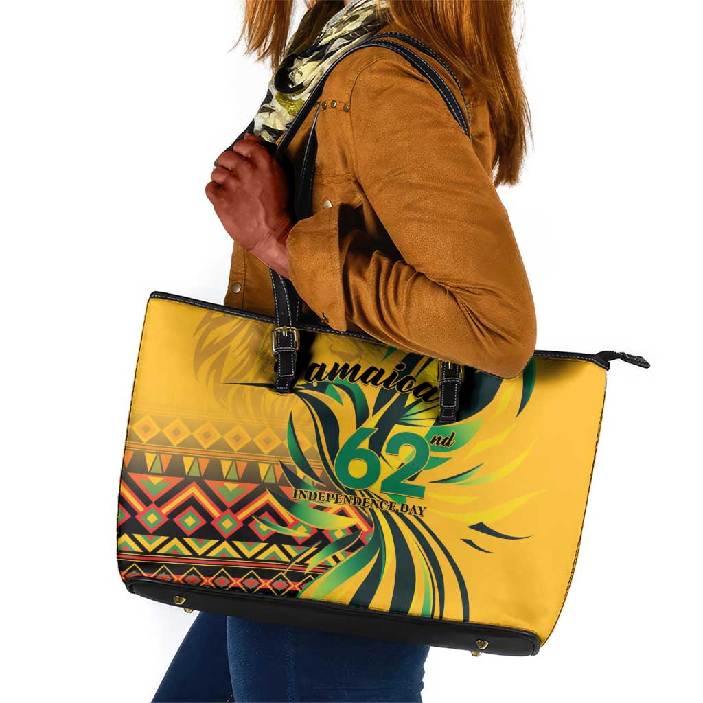 Black Jamaican Independence Day 1962 Leather Tote Bag Jumieka Streamertail Reggae Pattern