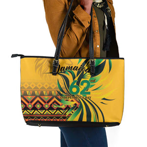 Black Jamaican Independence Day 1962 Leather Tote Bag Jumieka Streamertail Reggae Pattern