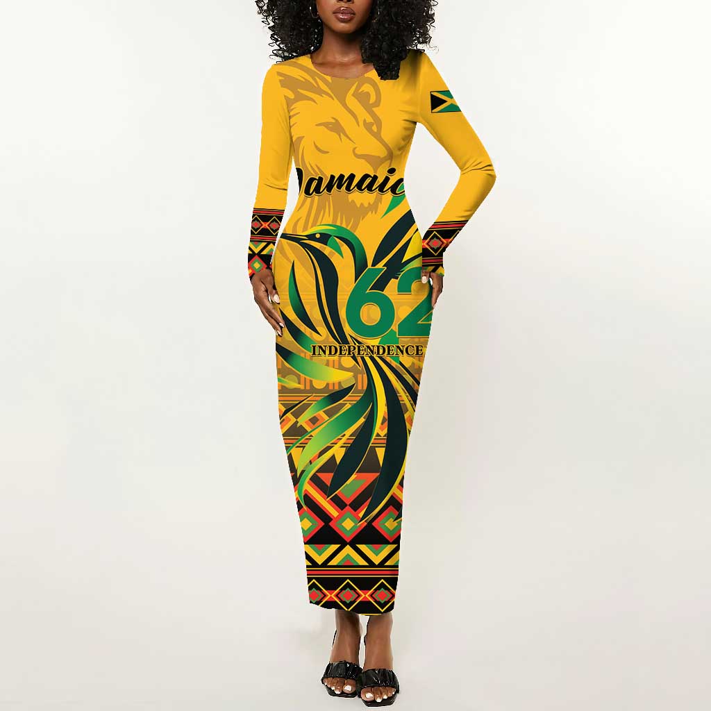 Personalized Black Jamaican Independence Day 1962 Long Sleeve Bodycon Dress Jumieka Streamertail Reggae Pattern