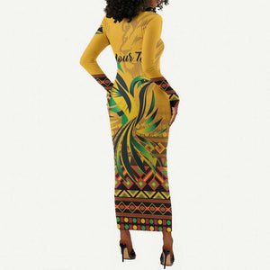 Personalized Black Jamaican Independence Day 1962 Long Sleeve Bodycon Dress Jumieka Streamertail Reggae Pattern