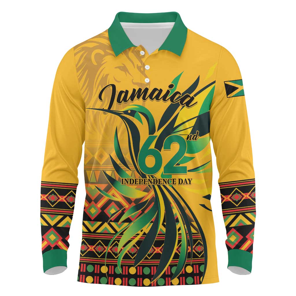 Personalized Black Jamaican Independence Day 1962 Long Sleeve Polo Shirt Jumieka Streamertail Reggae Pattern