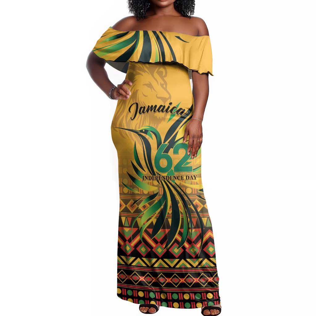 Personalized Black Jamaican Independence Day 1962 Off Shoulder Maxi Dress Jumieka Streamertail Reggae Pattern