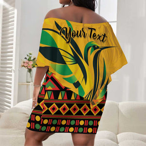 Personalized Black Jamaican Independence Day 1962 Off Shoulder Short Dress Jumieka Streamertail Reggae Pattern