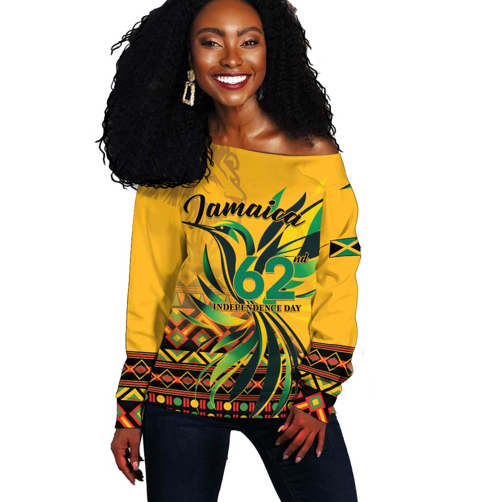 Personalized Black Jamaican Independence Day 1962 Off Shoulder Sweater Jumieka Streamertail Reggae Pattern