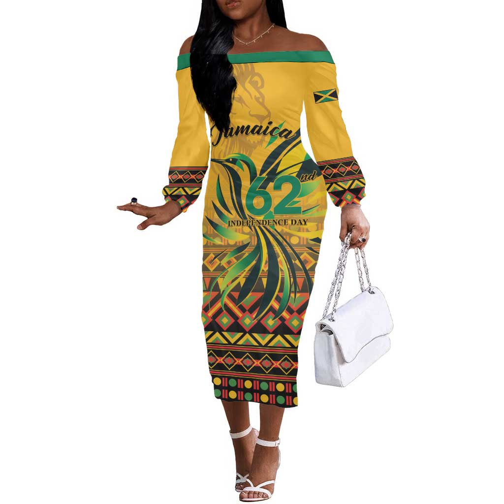 Personalized Black Jamaican Independence Day 1962 Off The Shoulder Long Sleeve Dress Jumieka Streamertail Reggae Pattern