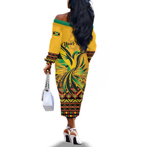 Personalized Black Jamaican Independence Day 1962 Off The Shoulder Long Sleeve Dress Jumieka Streamertail Reggae Pattern