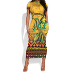 Personalized Black Jamaican Independence Day 1962 Short Sleeve Bodycon Dress Jumieka Streamertail Reggae Pattern LT01