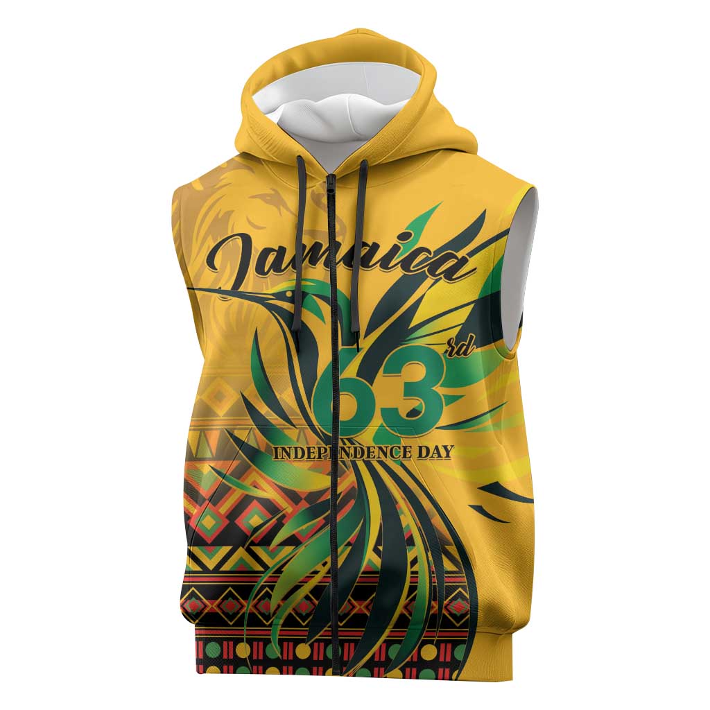 Personalized Black Jamaican Independence Day 1962 Sleeveless Zip Hoodie Jumieka Streamertail Reggae Pattern - African Pride