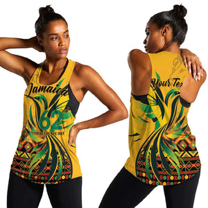 Personalized Black Jamaican Independence Day 1962 Women Racerback Tank Jumieka Streamertail Reggae Pattern