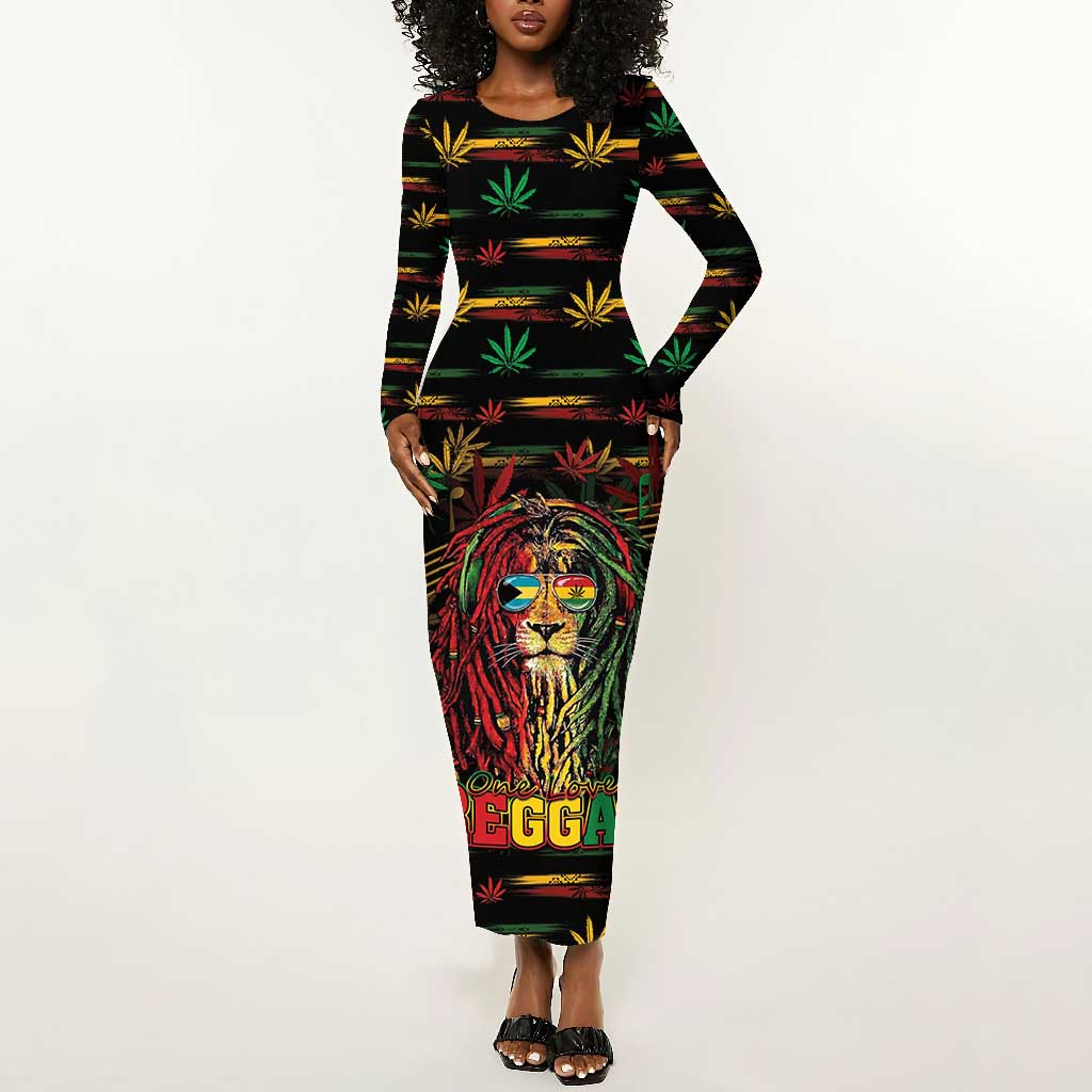 Personalized The Bahamas One Love Reggae Lion Long Sleeve Bodycon Dress Caribbean Reggae Spirit