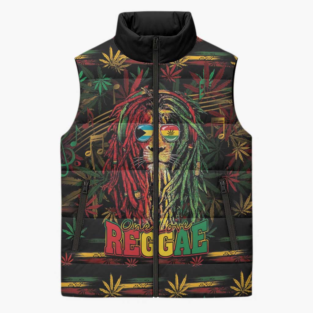 Personalized The Bahamas One Love Reggae Lion Sleeveless Puffer Jacket Caribbean Reggae Spirit