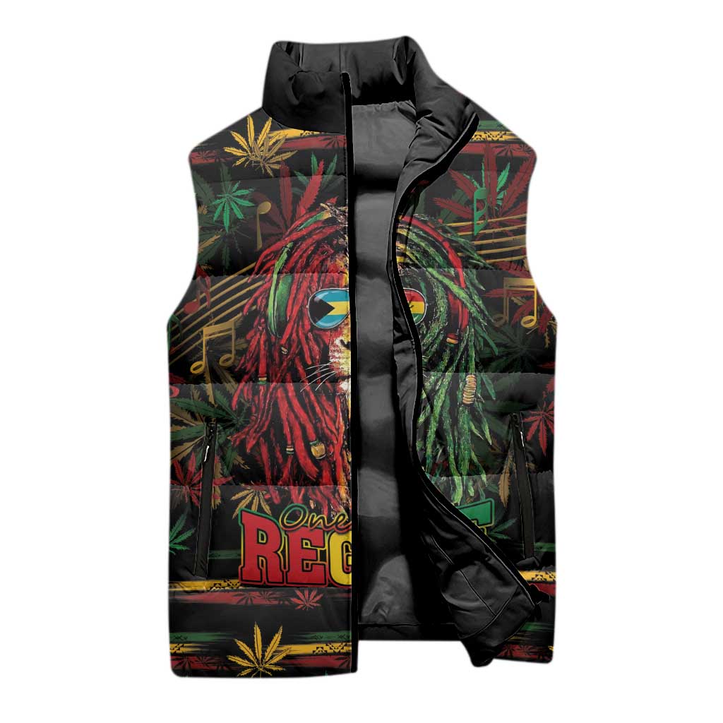 Personalized The Bahamas One Love Reggae Lion Sleeveless Puffer Jacket Caribbean Reggae Spirit