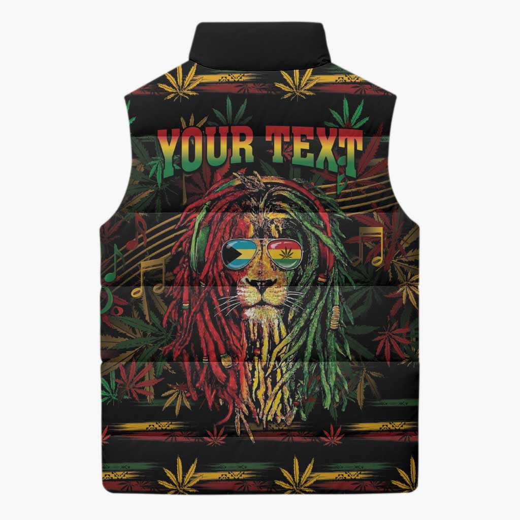 Personalized The Bahamas One Love Reggae Lion Sleeveless Puffer Jacket Caribbean Reggae Spirit