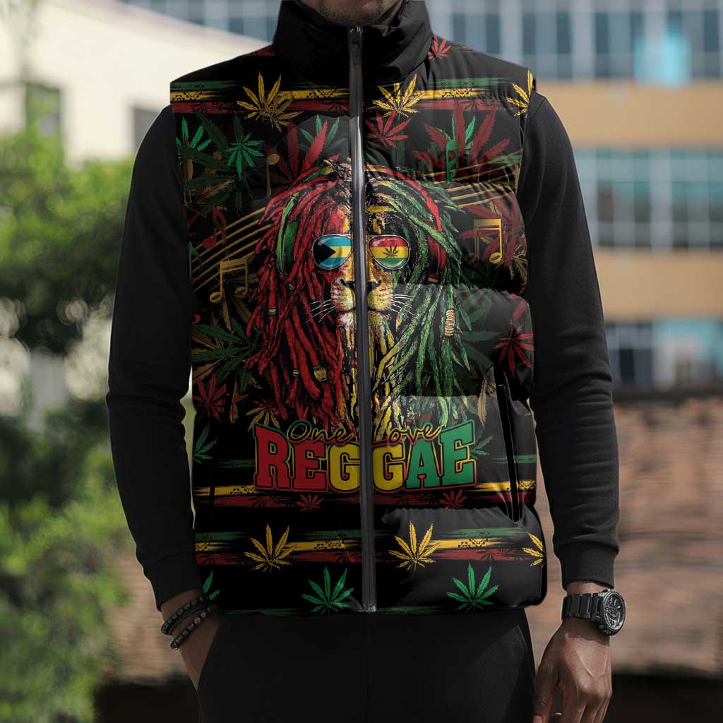 Personalized The Bahamas One Love Reggae Lion Sleeveless Puffer Jacket Caribbean Reggae Spirit