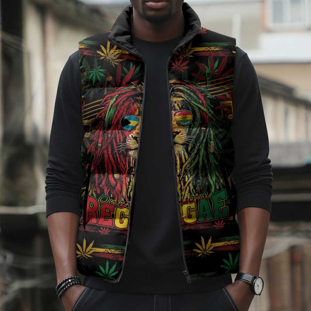 Personalized The Bahamas One Love Reggae Lion Sleeveless Puffer Jacket Caribbean Reggae Spirit