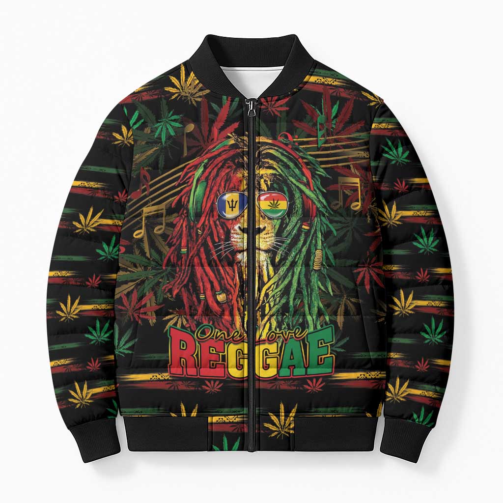Personalized Barbados One Love Reggae Lion Bomber Puffer Jacket Caribbean Reggae Spirit