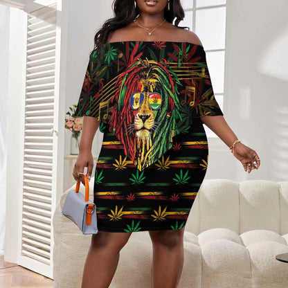 Personalized Barbados One Love Reggae Lion Off Shoulder Short Dress Caribbean Reggae Spirit