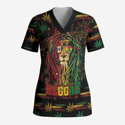 Personalized Barbados One Love Reggae Lion Scrub Top Caribbean Reggae Spirit