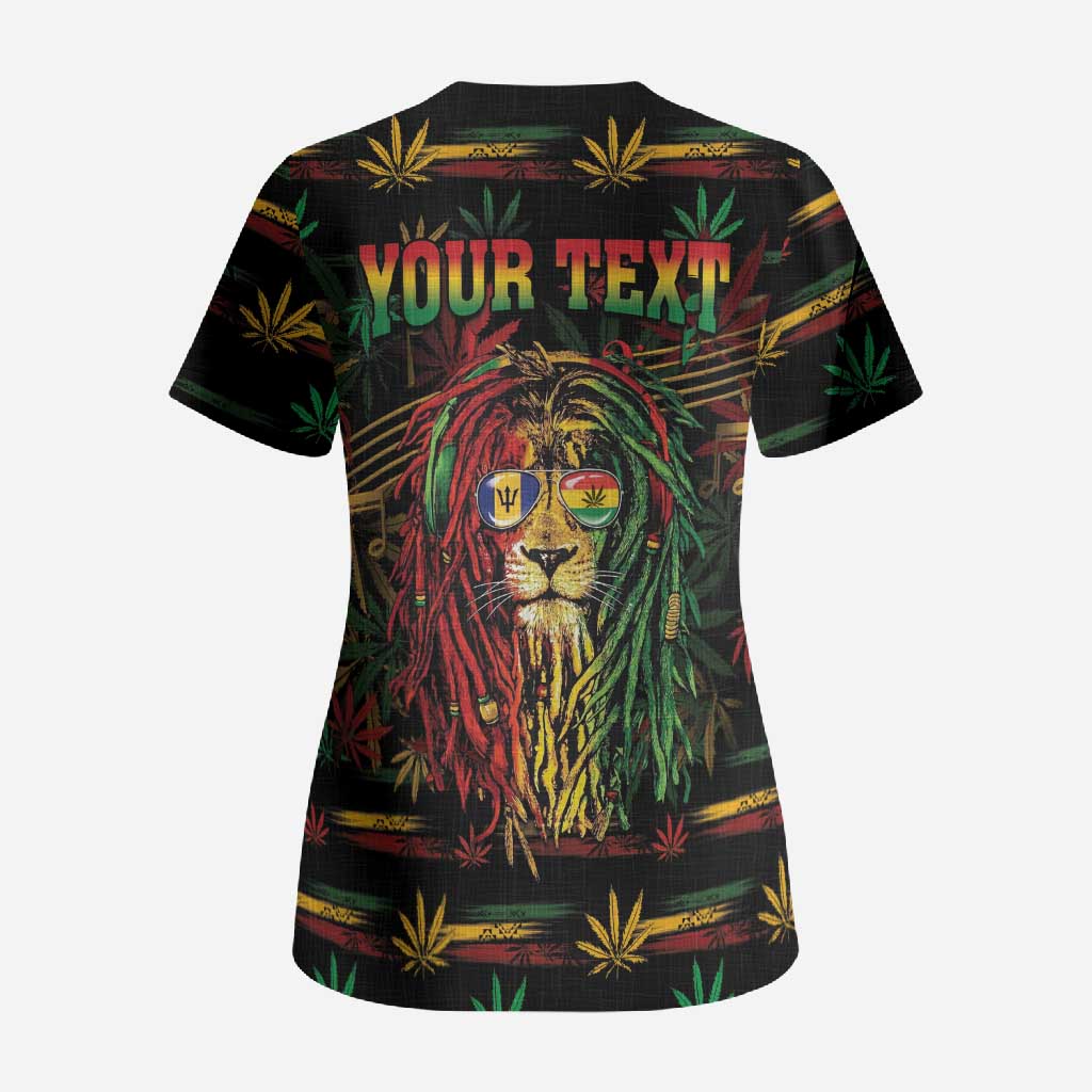Personalized Barbados One Love Reggae Lion Scrub Top Caribbean Reggae Spirit