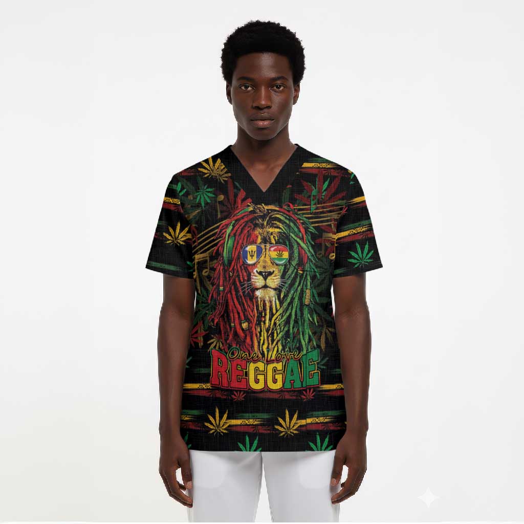 Personalized Barbados One Love Reggae Lion Scrub Top Caribbean Reggae Spirit