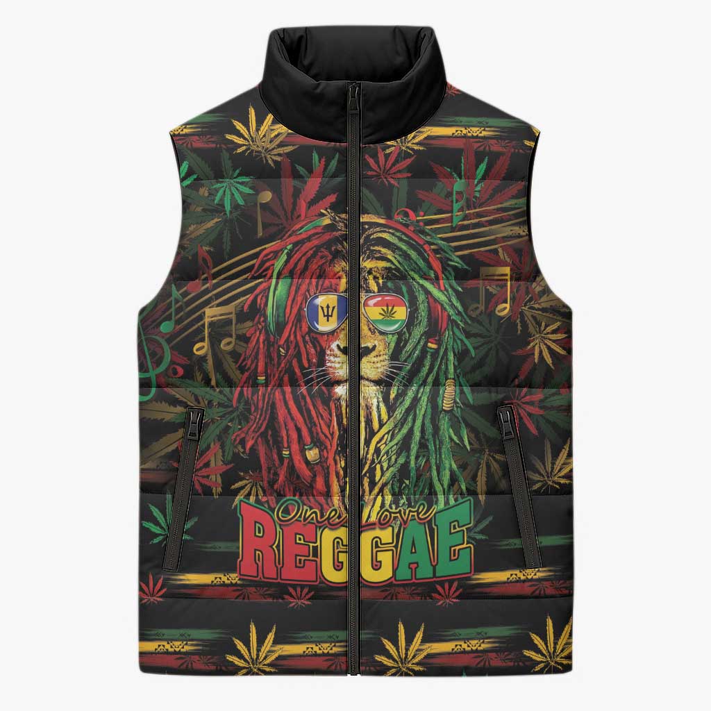 Personalized Barbados One Love Reggae Lion Sleeveless Puffer Jacket Caribbean Reggae Spirit