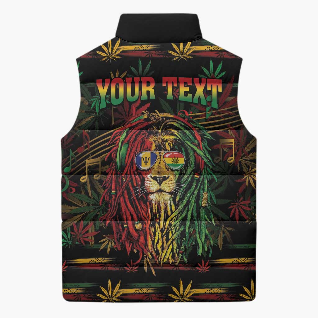Personalized Barbados One Love Reggae Lion Sleeveless Puffer Jacket Caribbean Reggae Spirit