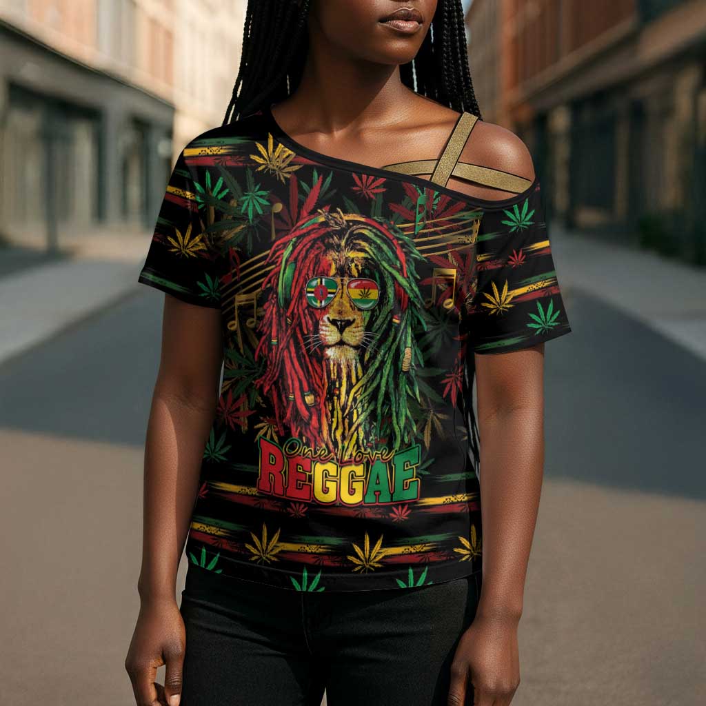 Personalized Dominica One Love Reggae Lion Cross Shoulder Shirt Caribbean Reggae Spirit