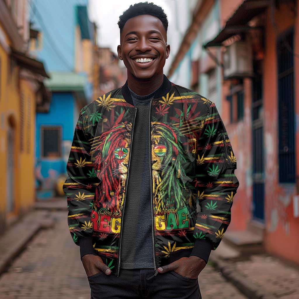 Personalized Dominica One Love Reggae Lion Sleeve Zip Bomber Jacket Caribbean Reggae Spirit