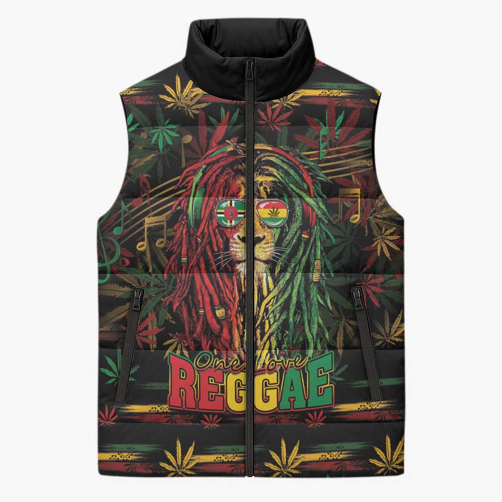 Personalized Dominica One Love Reggae Lion Sleeveless Puffer Jacket Caribbean Reggae Spirit