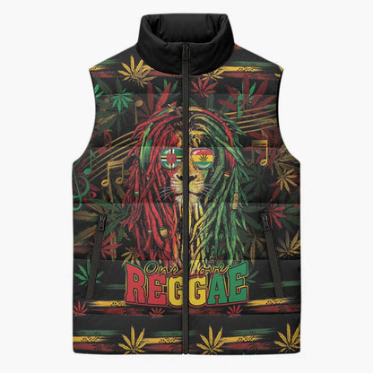 Personalized Dominica One Love Reggae Lion Sleeveless Puffer Jacket Caribbean Reggae Spirit