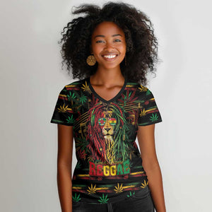 Personalized Dominica One Love Reggae Lion Women V-Neck T-Shirt Caribbean Reggae Spirit