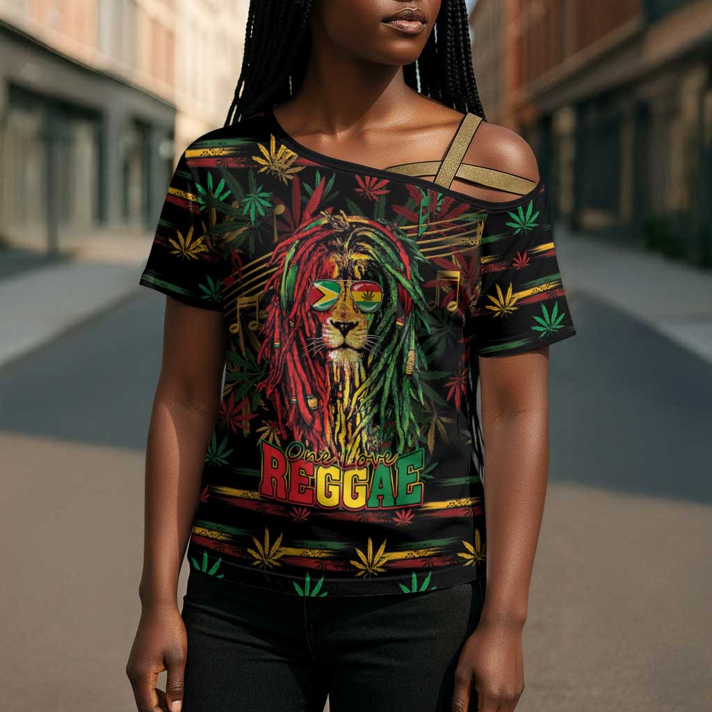 Personalized Guyana One Love Reggae Lion Cross Shoulder Shirt Caribbean Reggae Spirit