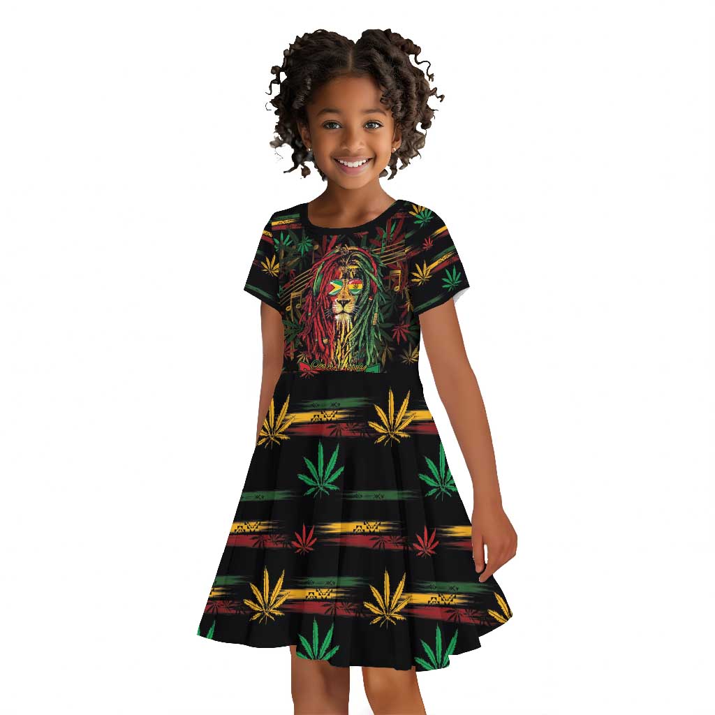 Personalized Guyana One Love Reggae Lion Kid Short Sleeve Dress Caribbean Reggae Spirit