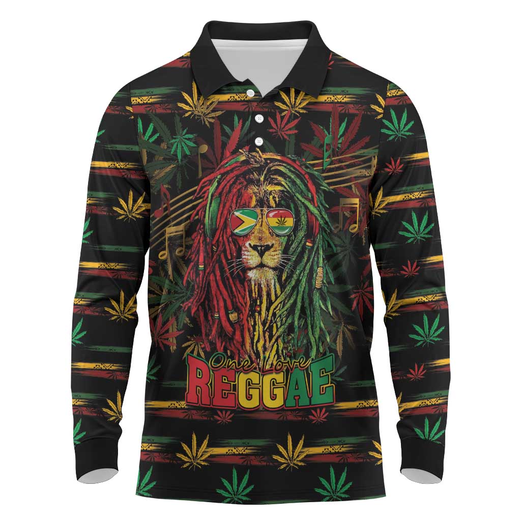 Personalized Guyana One Love Reggae Lion Long Sleeve Polo Shirt Caribbean Reggae Spirit