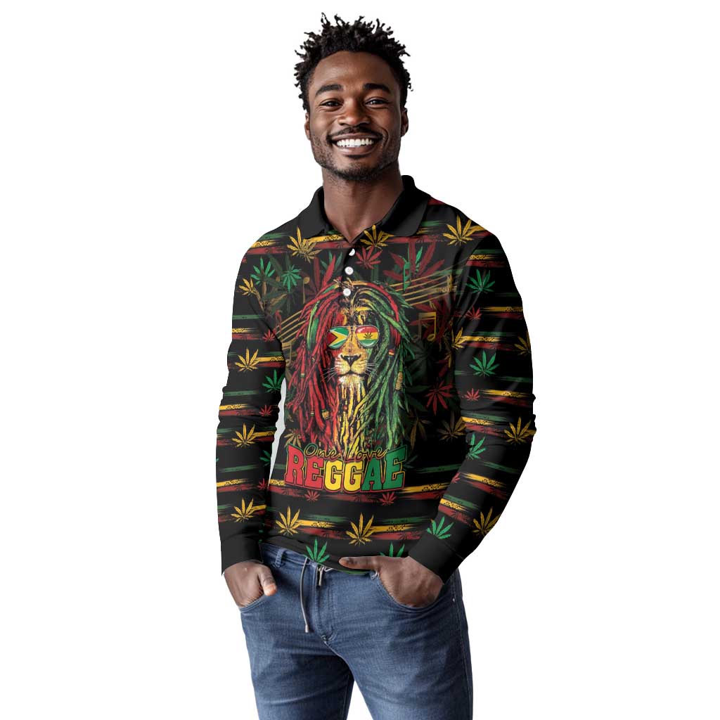 Personalized Guyana One Love Reggae Lion Long Sleeve Polo Shirt Caribbean Reggae Spirit