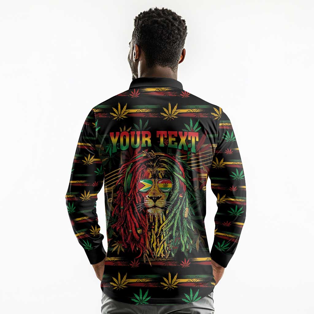 Personalized Guyana One Love Reggae Lion Long Sleeve Polo Shirt Caribbean Reggae Spirit